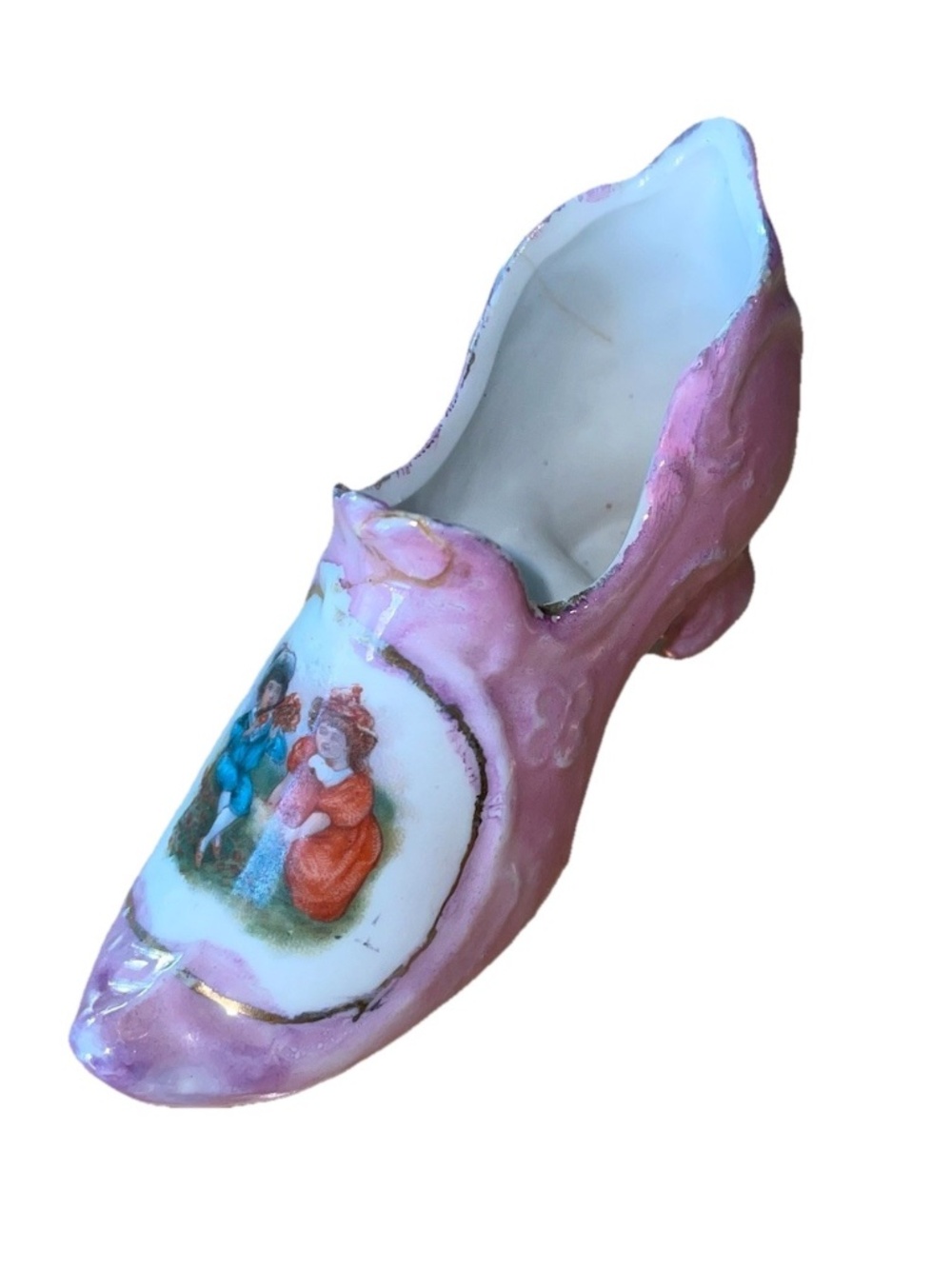Antique Porcelain Rococo Style Ladies Heeled Pointy SHOE Pink Gold Germany 1900